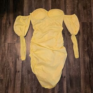 Yellow Ruched Off Shoulder Puff Sleeve Bodycon Dress Size S